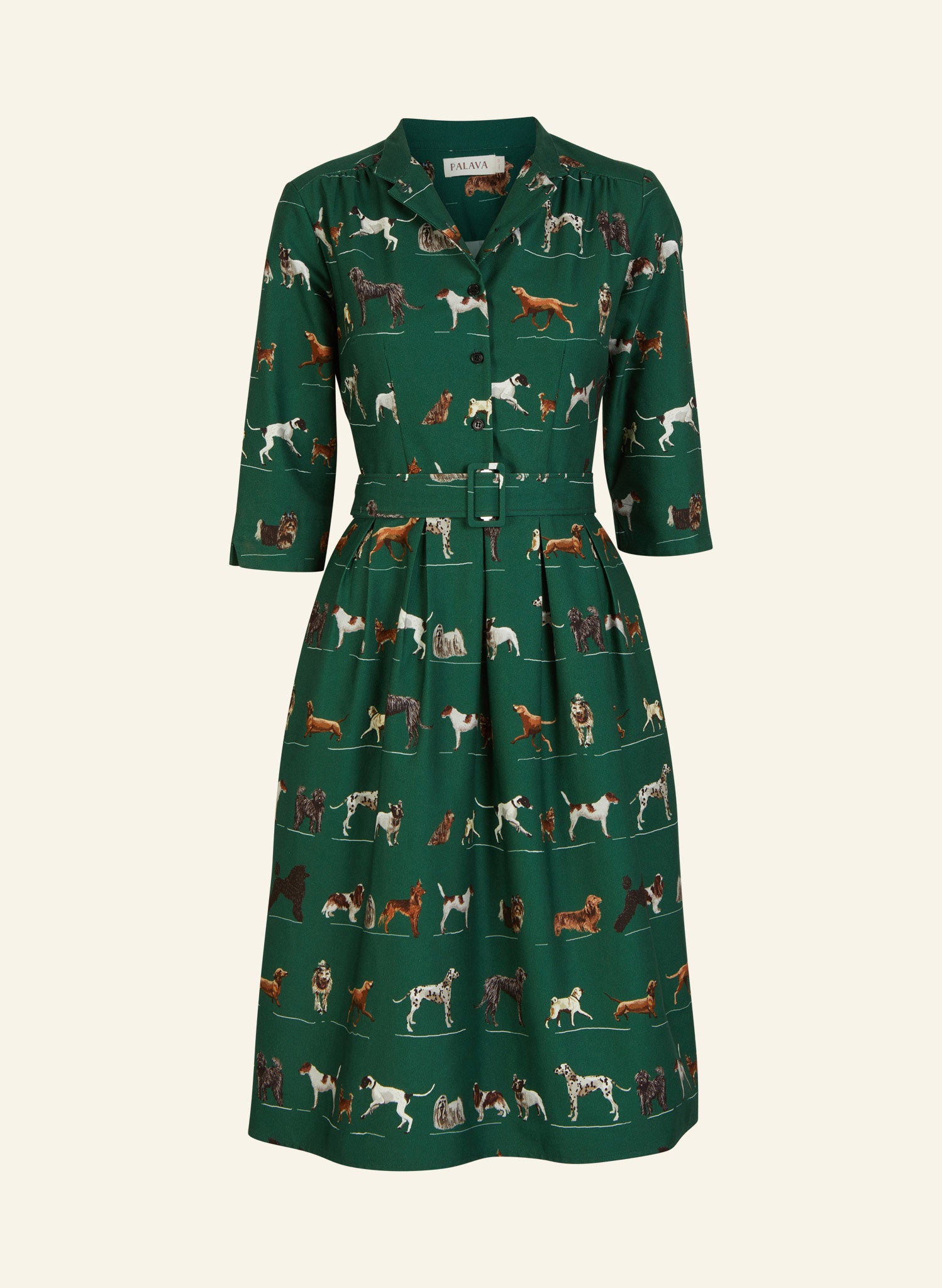 100% organic cotton vintage-style green knee-length belted shirt dress with 3/4 length sleeves, pockets, and green porcelain dogs print