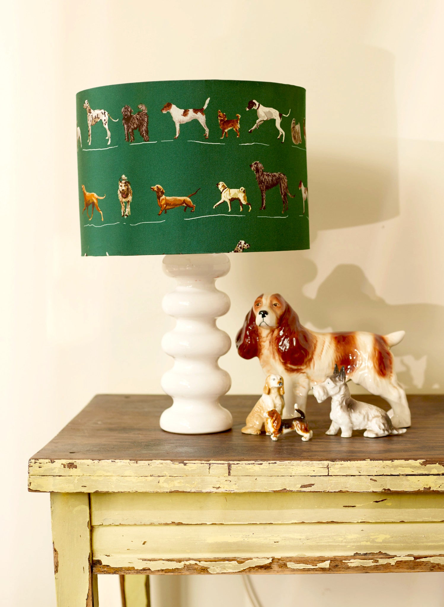 Drum Lampshade - Green Porcelain Dogs