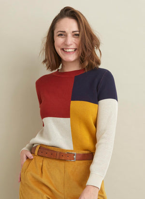 organic cotton red navy mustard and white color block bauhaus print knitted jumper