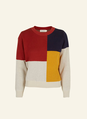 organic cotton red navy mustard and white color block bauhaus print knitted jumper