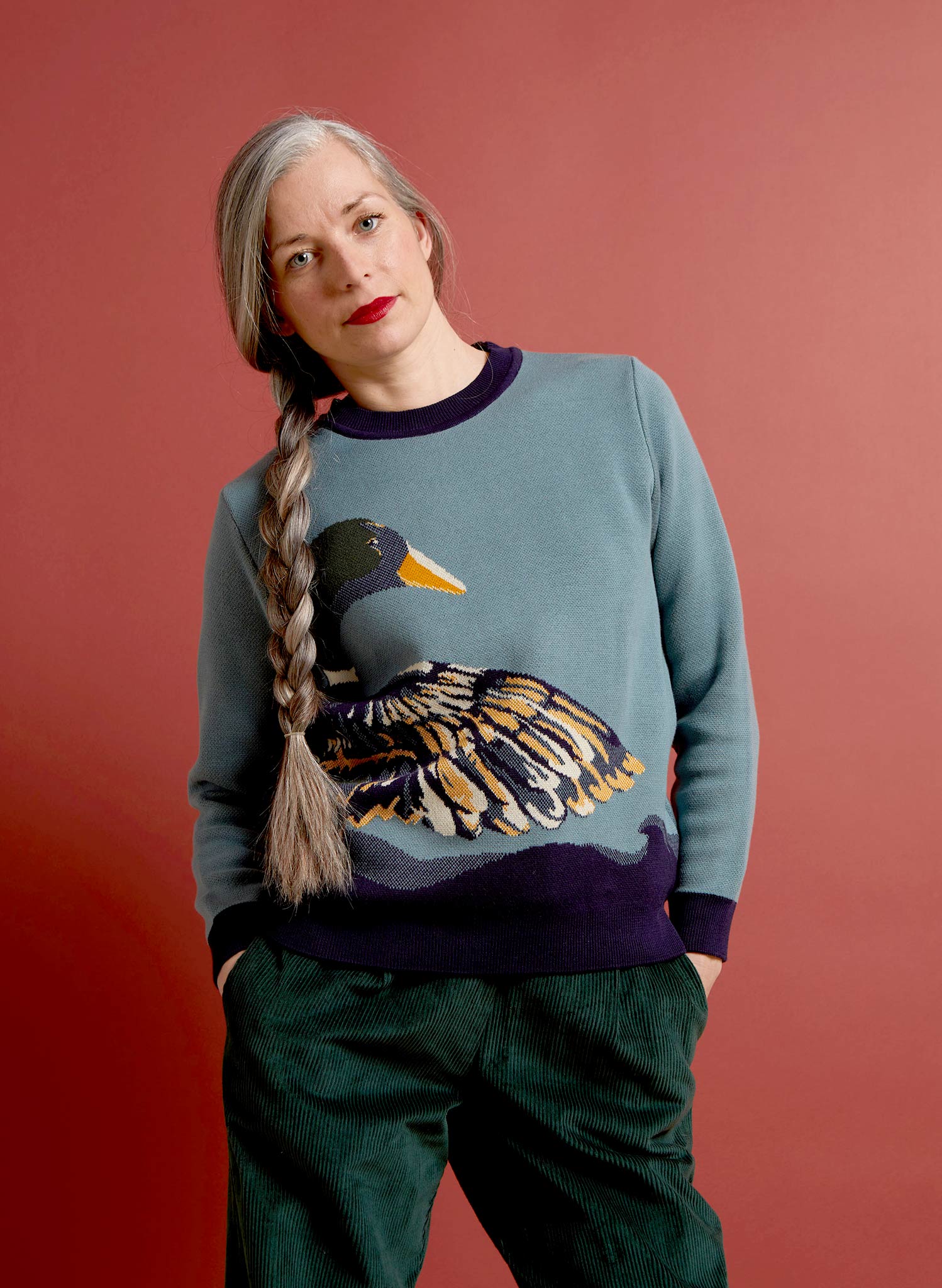 organic cotton mineral blue embroidered duck knitted jumper