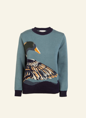 organic cotton mineral blue embroidered duck knitted jumper