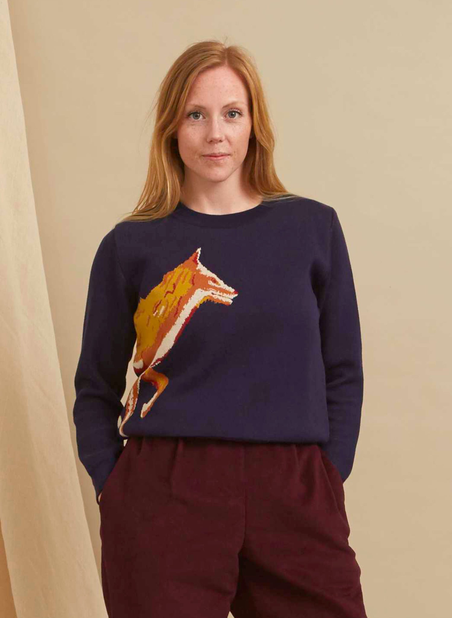 organic cotton navy embroidered fox knitted jumper