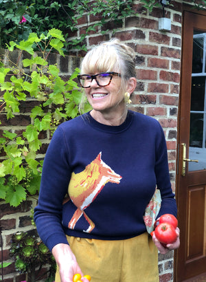 organic cotton navy embroidered fox knitted jumper