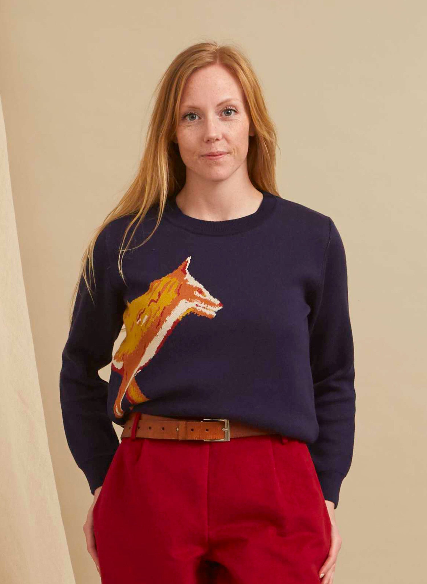 organic cotton navy embroidered fox knitted jumper