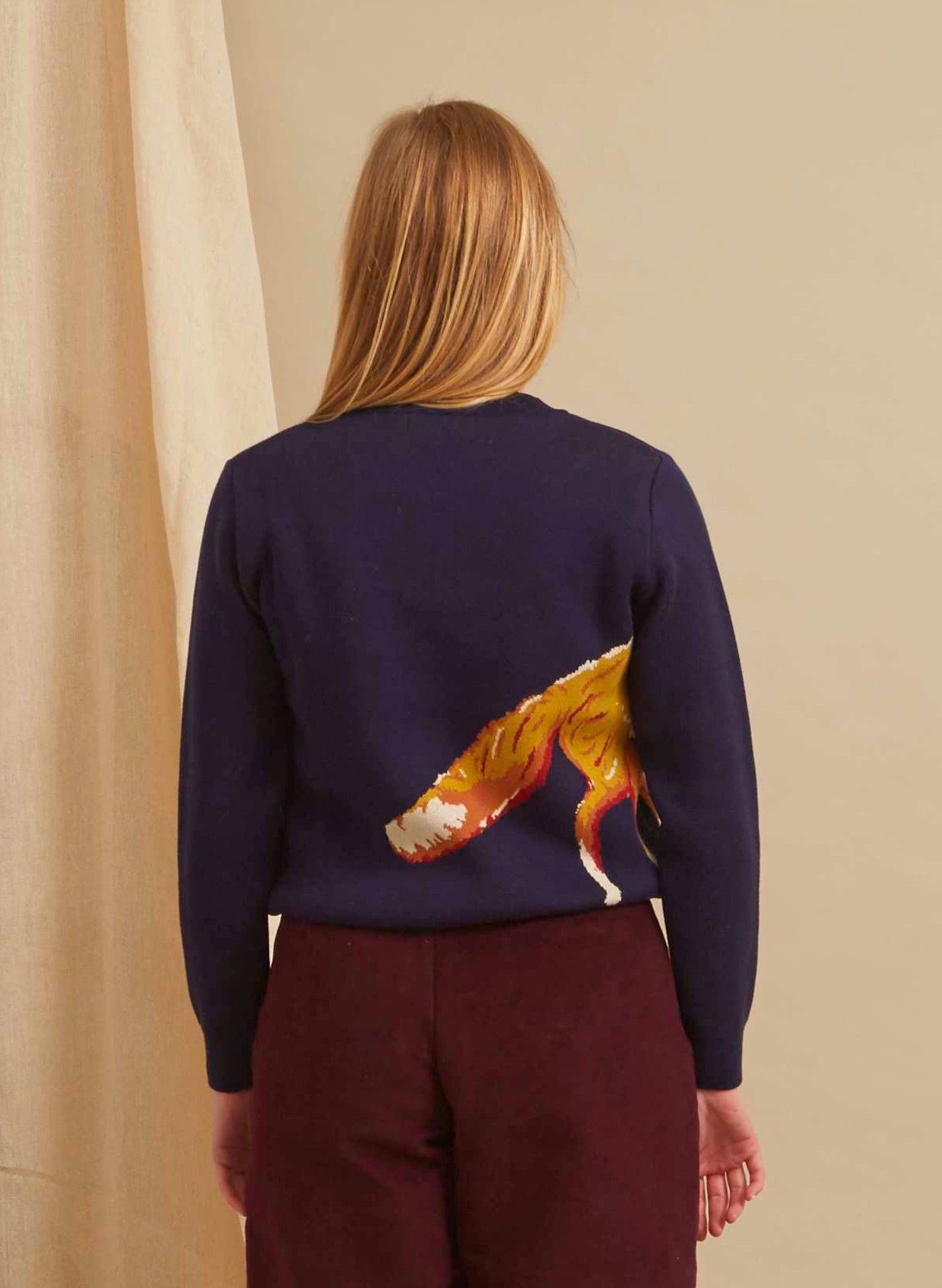 organic cotton navy embroidered fox knitted jumper