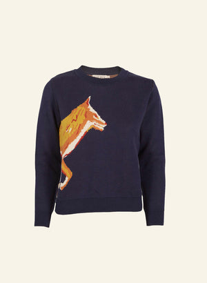 organic cotton navy embroidered fox knitted jumper