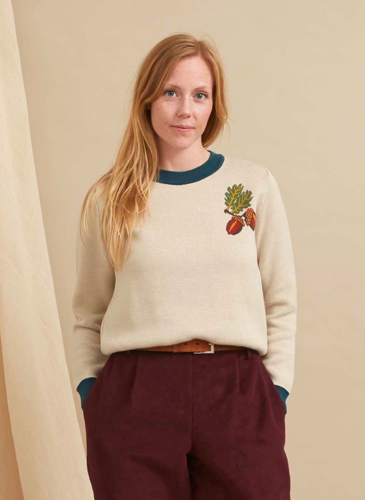 organic cotton white and navy vintage-style knitted jumper with large embroidered squirrel