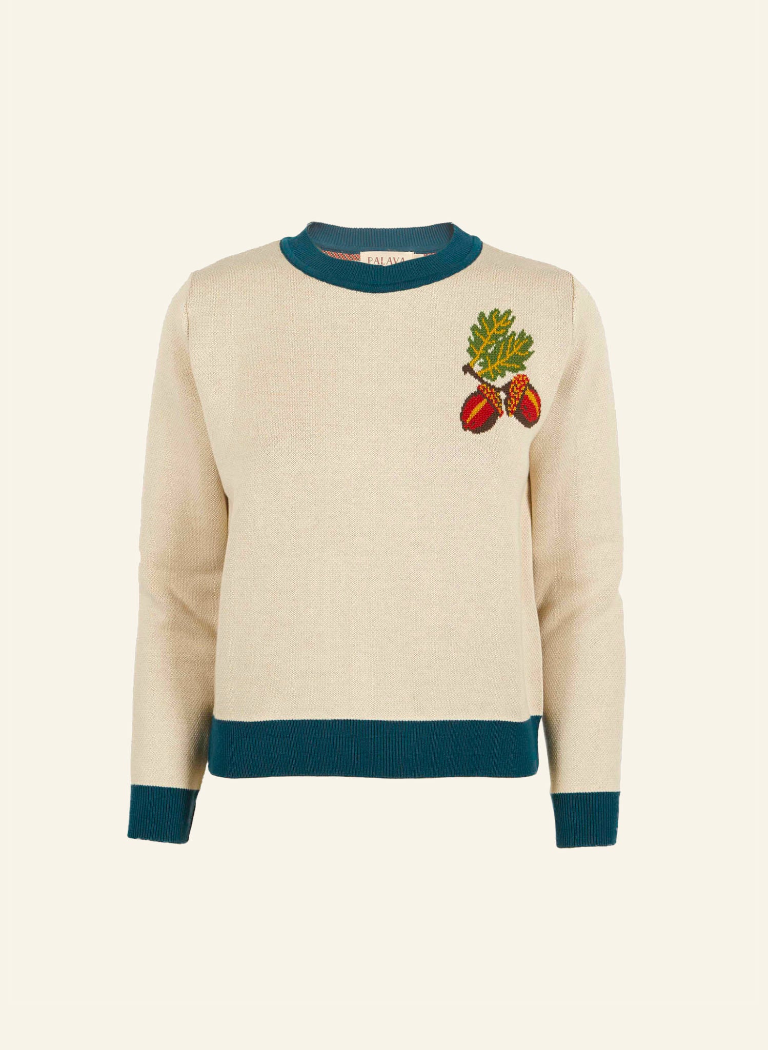 organic cotton white and navy vintage-style knitted jumper with large embroidered squirrel