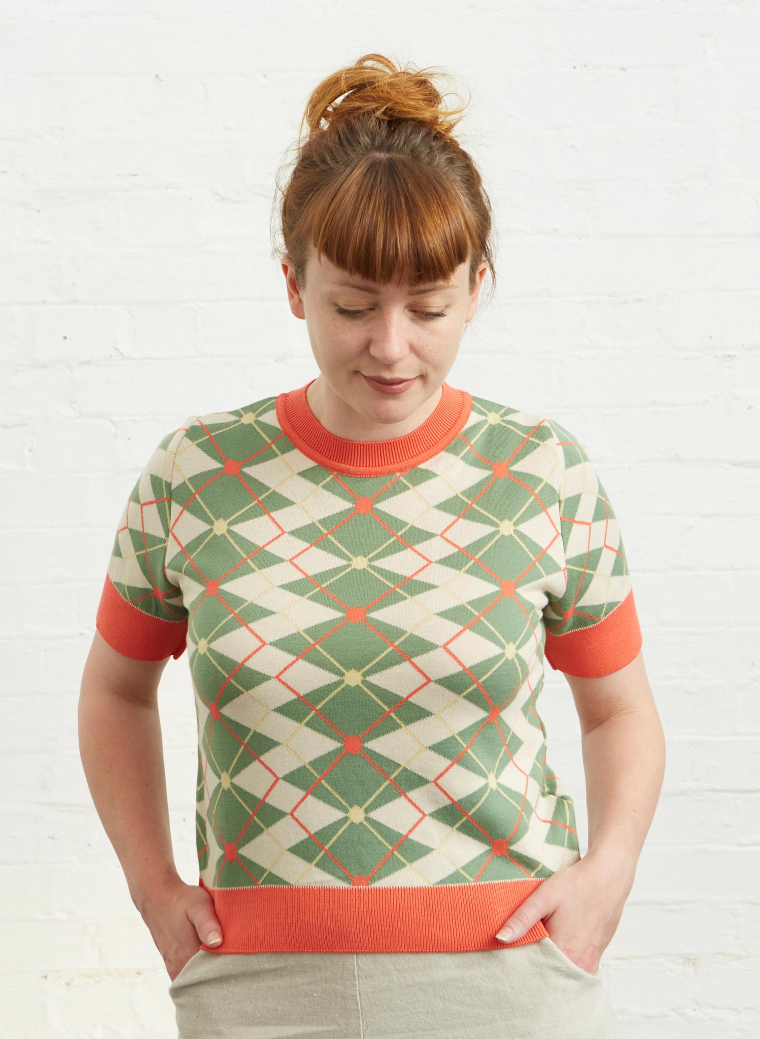 Palava Eve Knitted top  - Argyle Green Cream and Coral in Organic Cotton