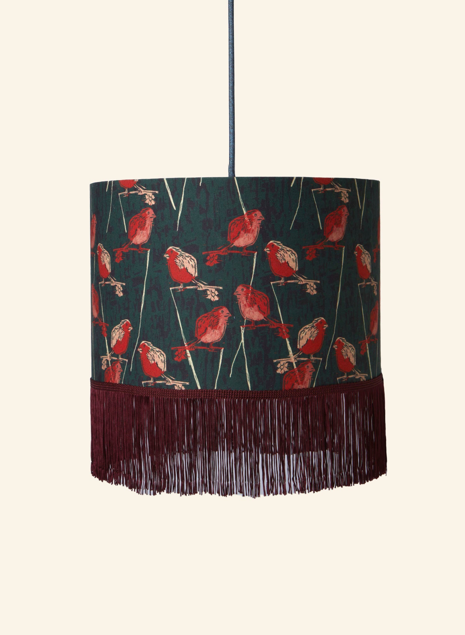 Drum Fringe Lampshade - Forest Green Robin