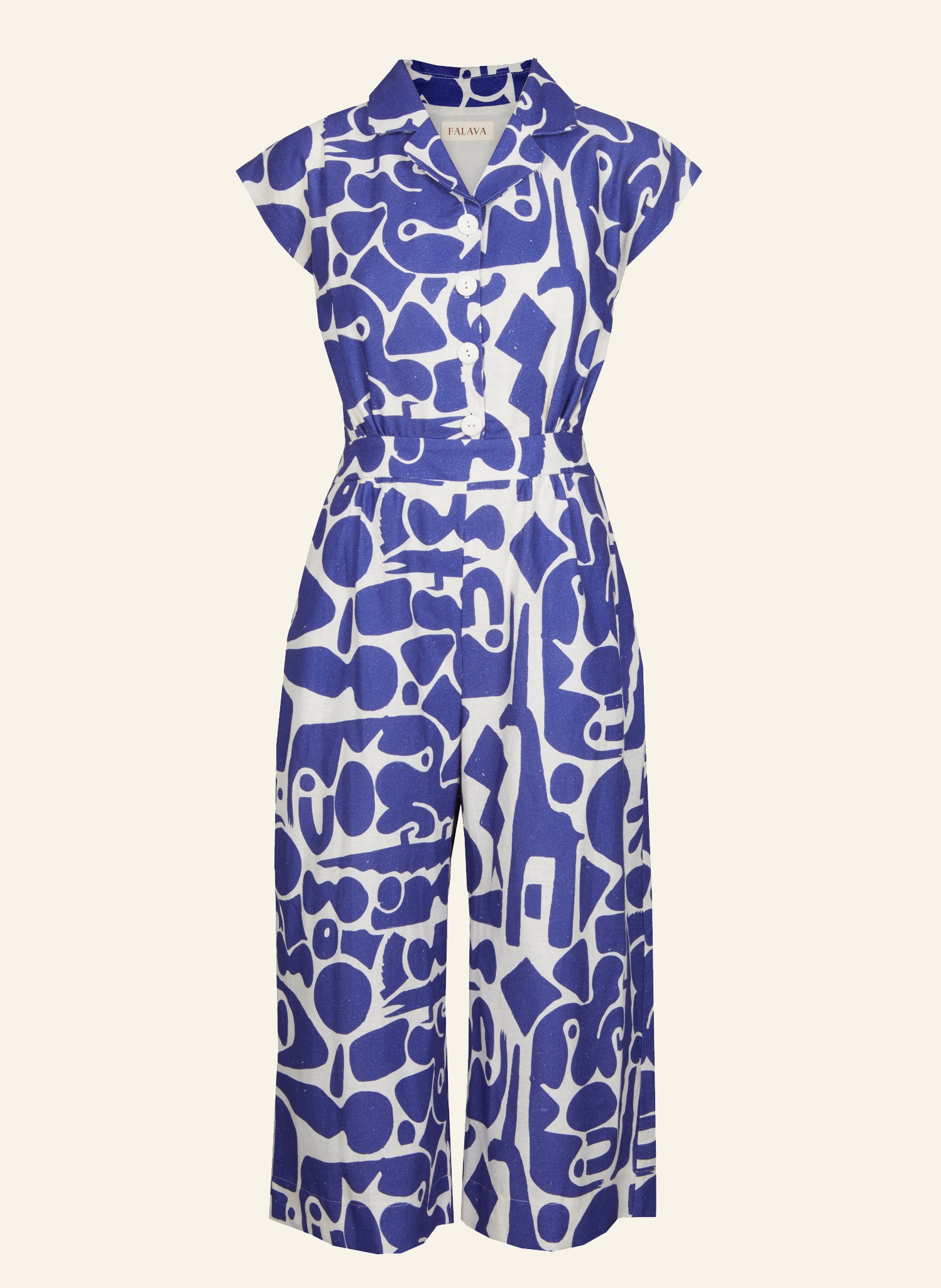 Palava Francesca Jumpsuit in Blue Cave Design Printed on Cotton Linen Blend
