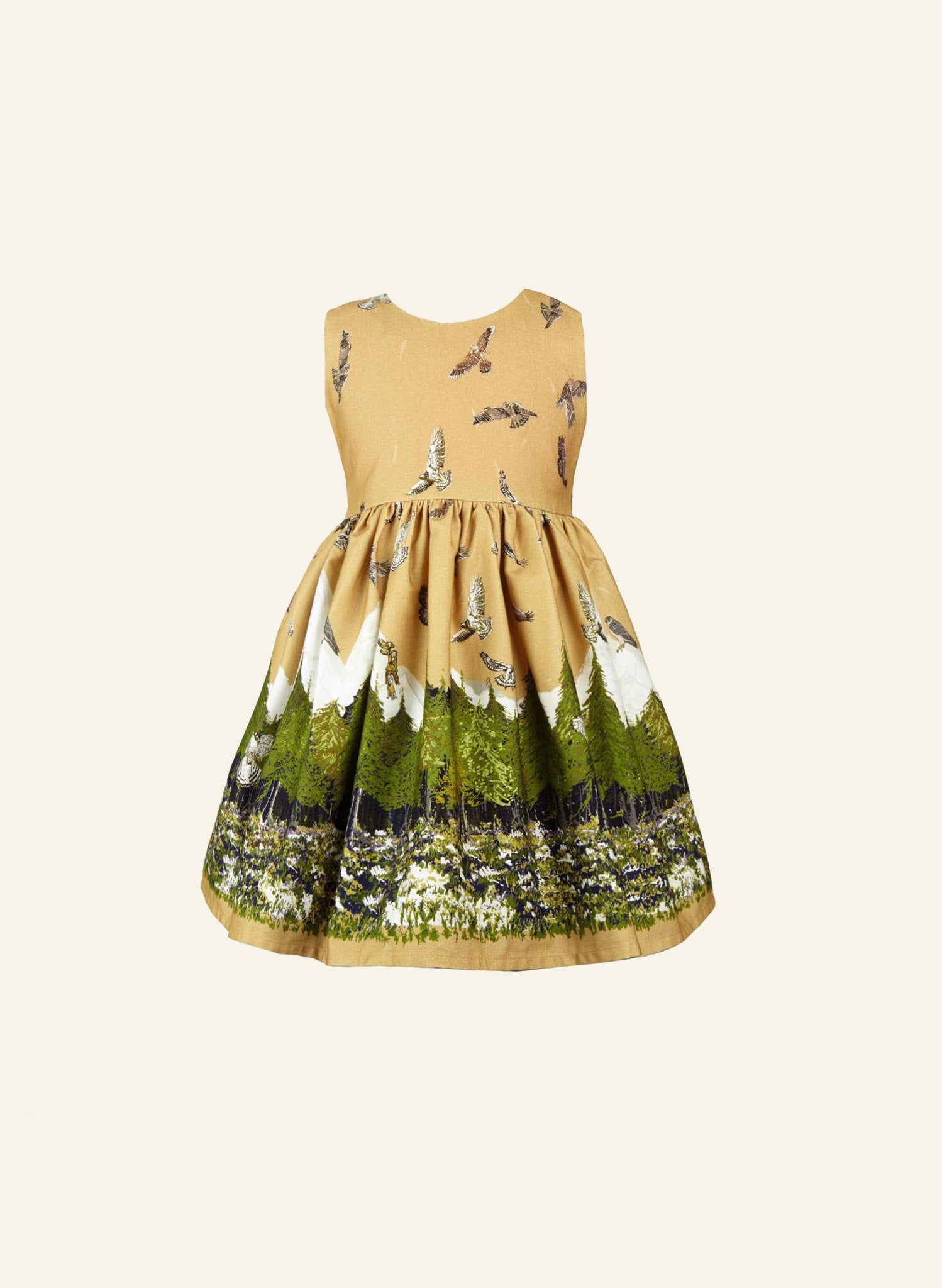 Mustard Birds Print Children's Dress | 100% Organic Cotton | UK