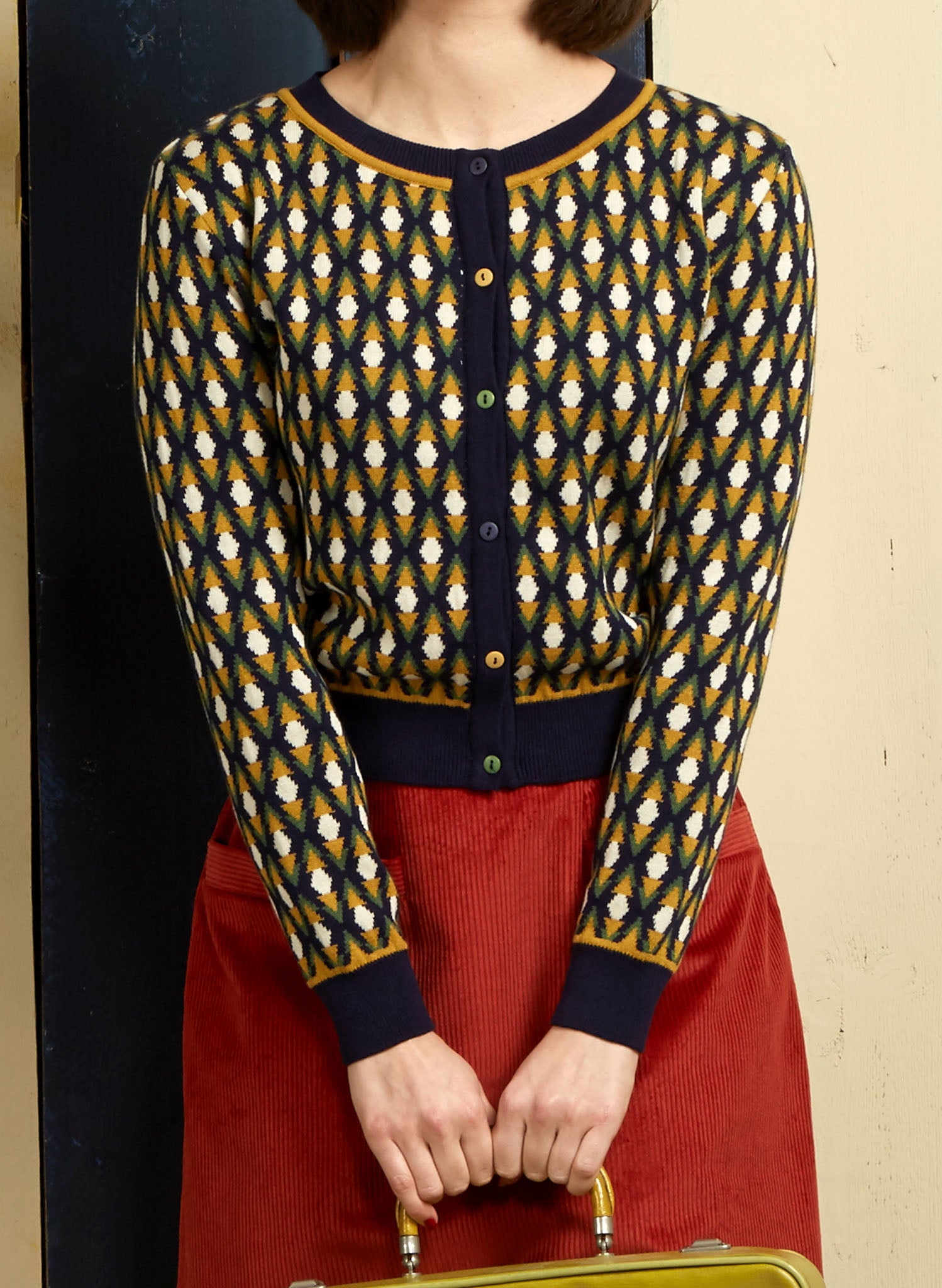 navy and mustard diamond bauhaus vintage-style cardigan in 100% organic cotton