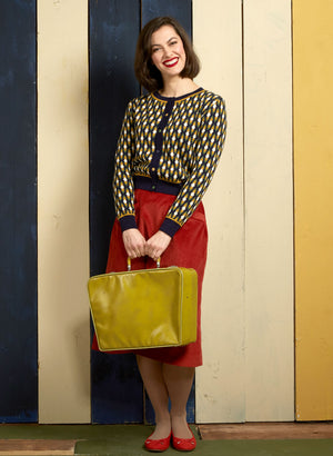 navy and mustard diamond bauhaus vintage-style cardigan in 100% organic cotton