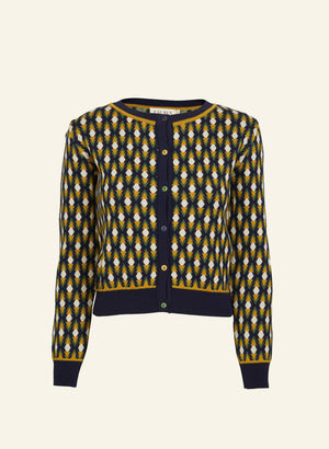 navy and mustard diamond bauhaus vintage-style cardigan in 100% organic cotton