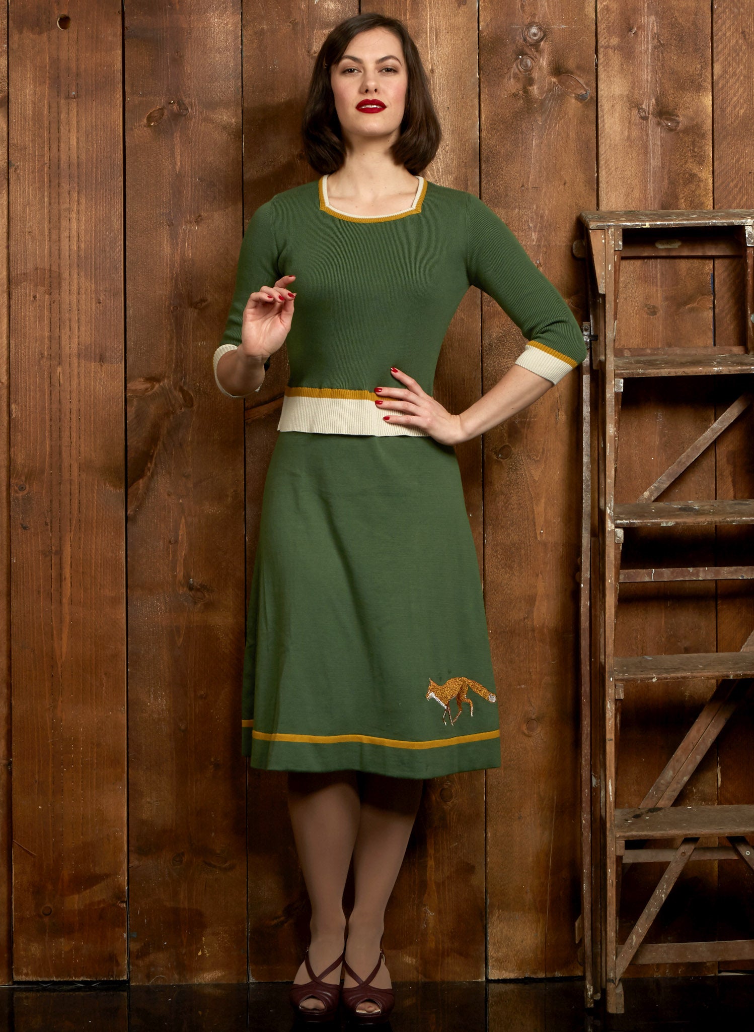 organic cotton green embroidered fox vintage-style autumn fall knitted 2-piece set