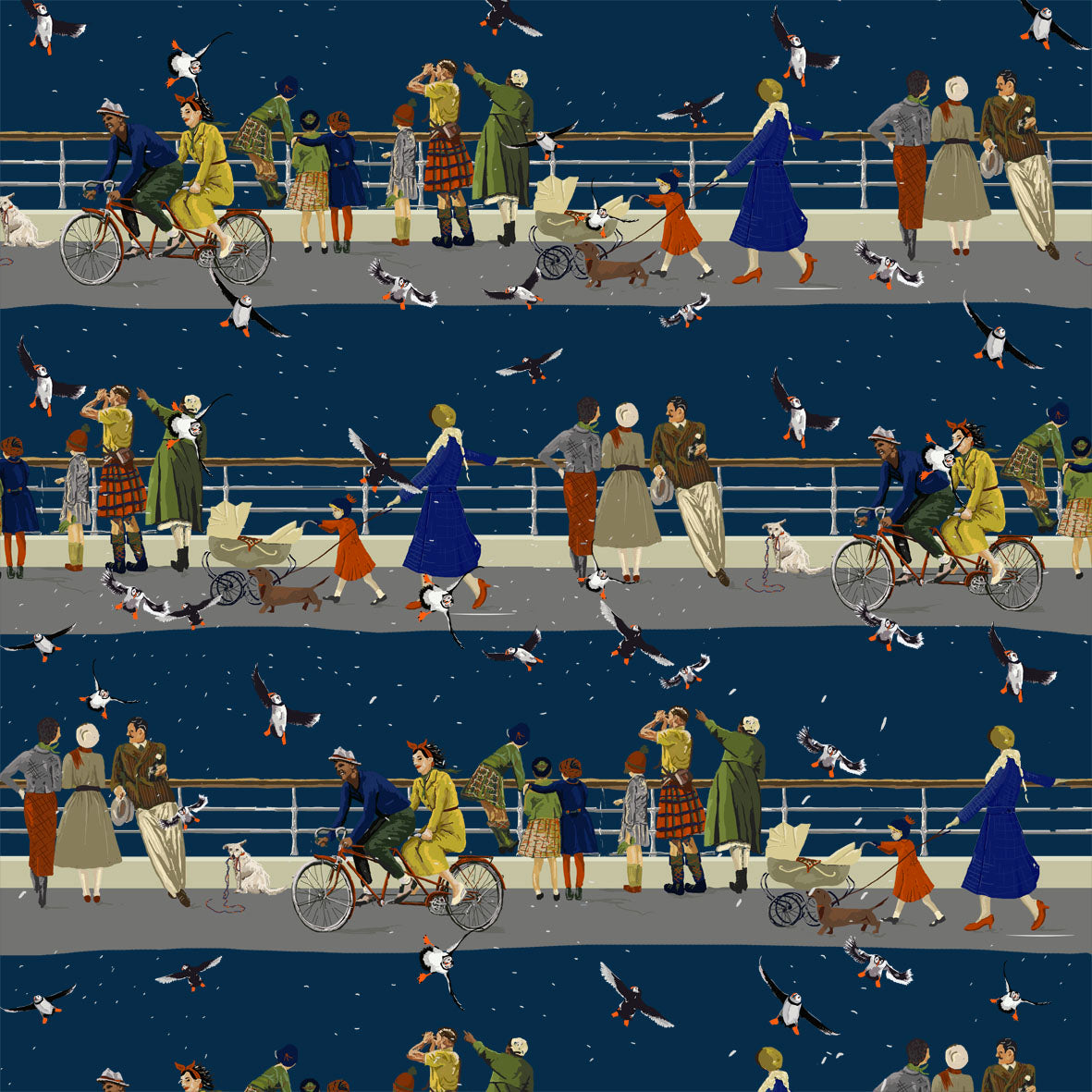 Remnant - Navy Puffin Watching - Organic Cotton Twill