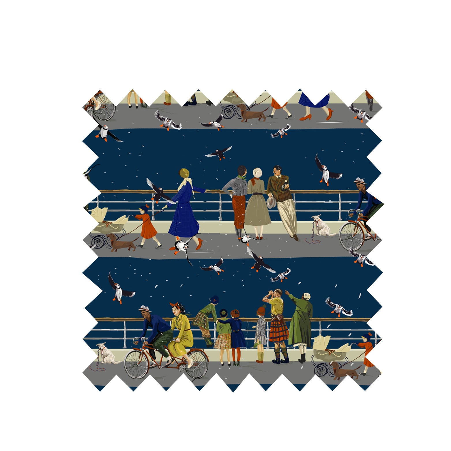 Remnant - Navy Puffin Watching - Organic Cotton Twill