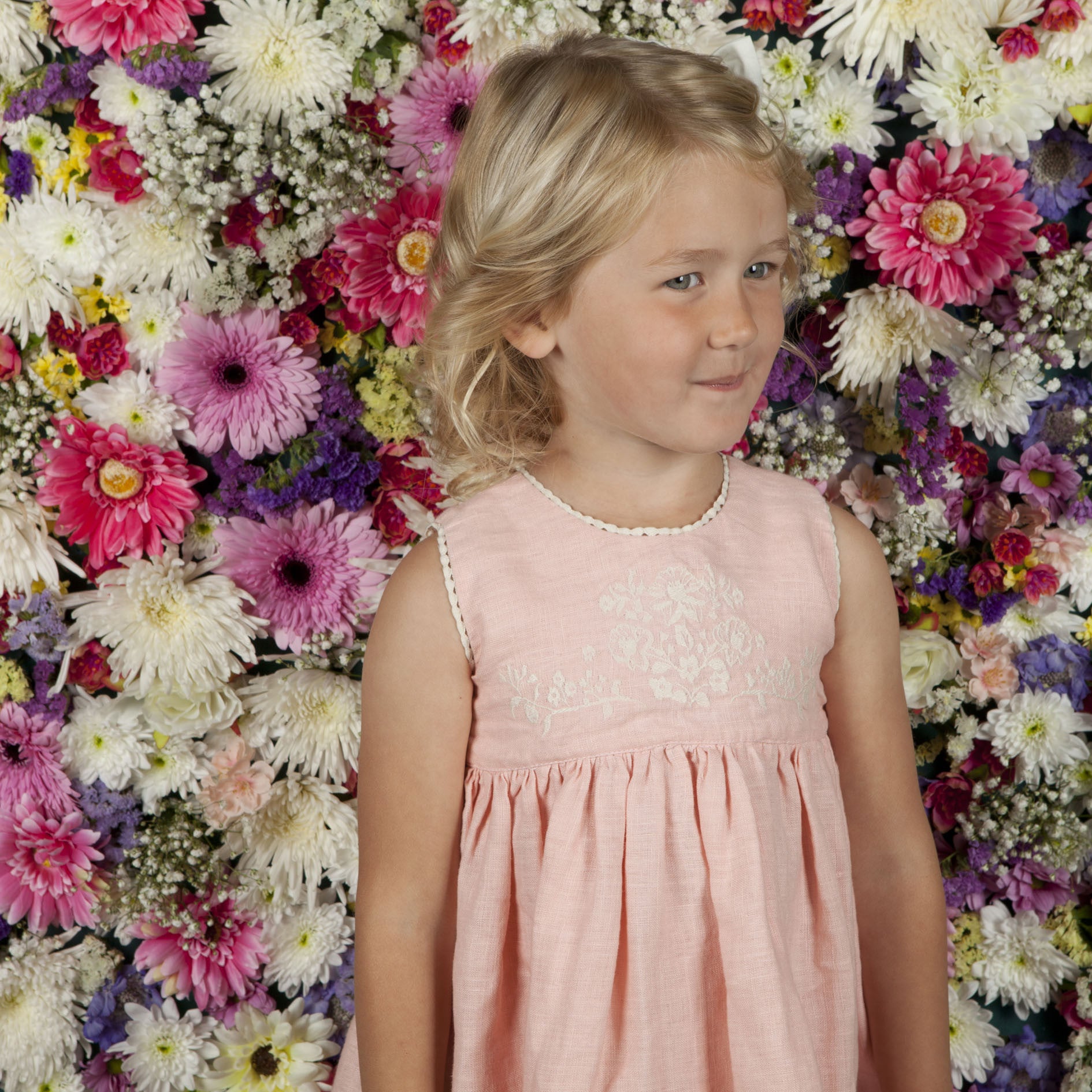 Pink Embroidered Flowers Sleeveless Children's Dress | 100% Linen
