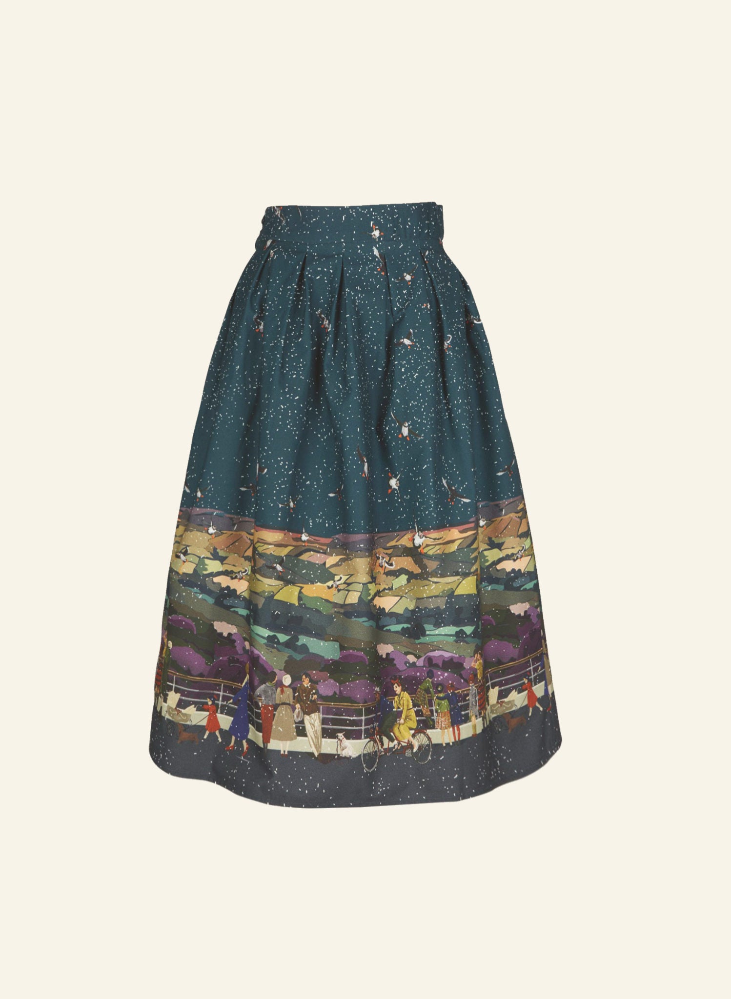 100% organic cotton teal sparkly midi skirt with pockets and yorkshire dales print