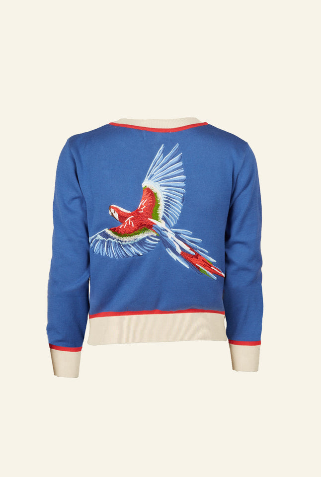 Vera  - Large Embroidered Blue Parrot Cardigan | Organic Cotton