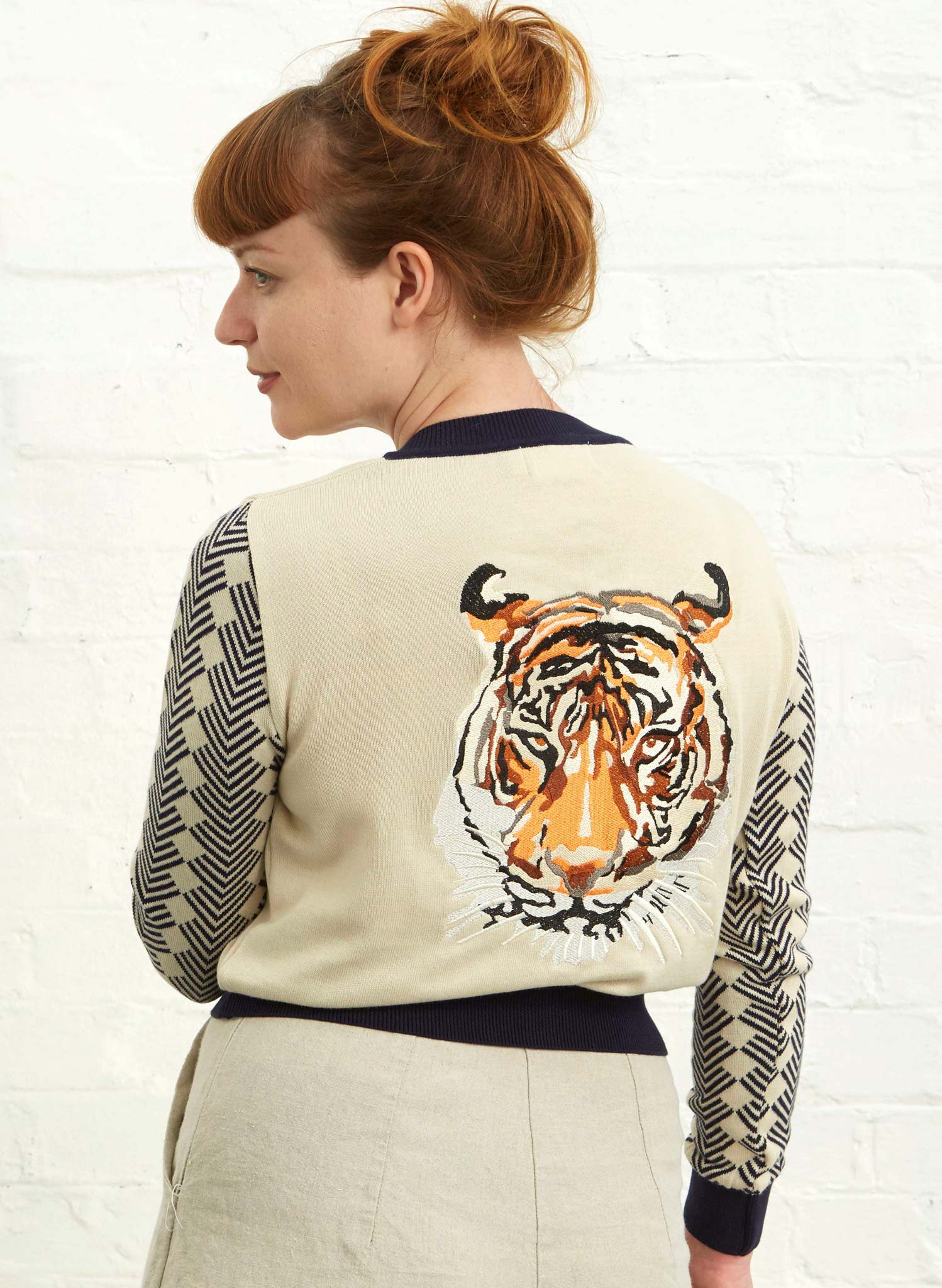 Vera  - Large Embroidered Cream/Navy Tiger Cardigan | Organic Cotton