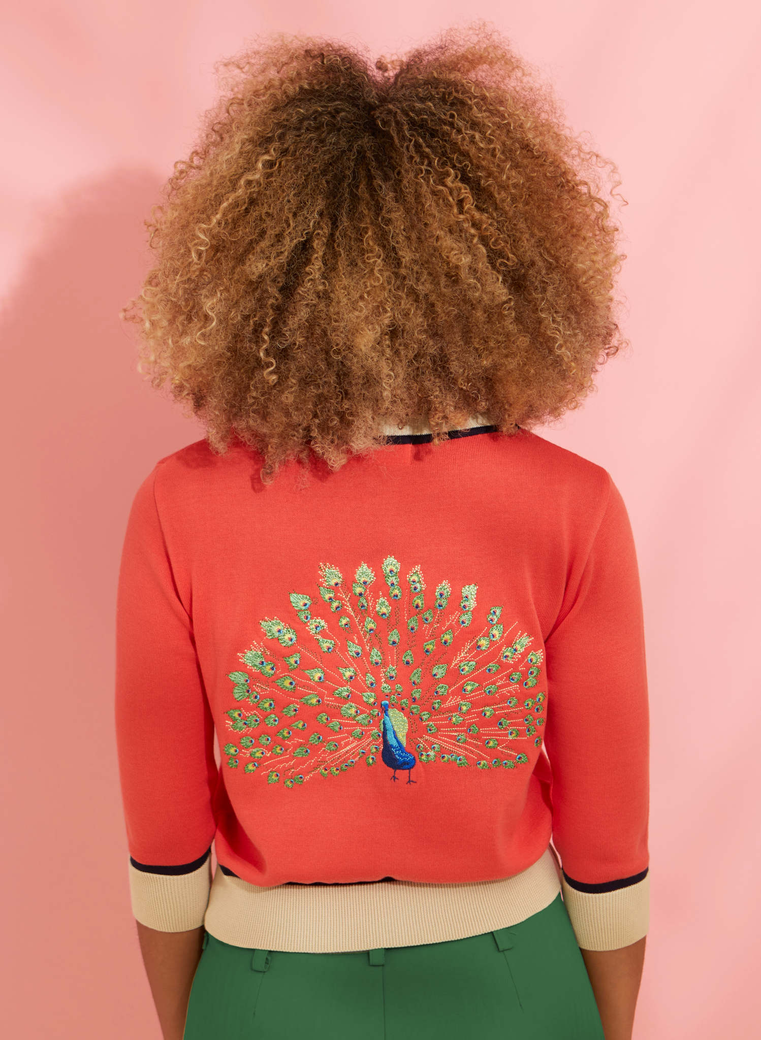 Vera - Coral Peacock Embroidered Cardigan - 3/4 Sleeve