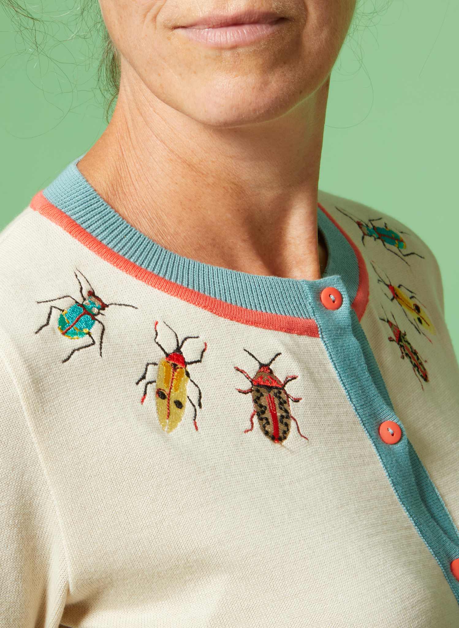 Vera - Small Embroidered Cream Bugs Cardigan | Organic Cotton