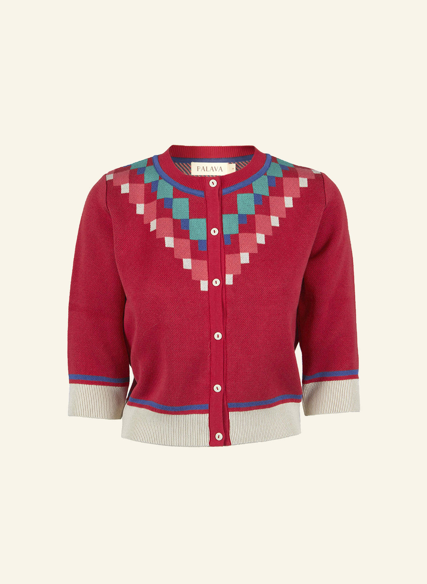 Vera - Red Mexican Terrace Jacquard Cardigan - 3/4 Sleeve