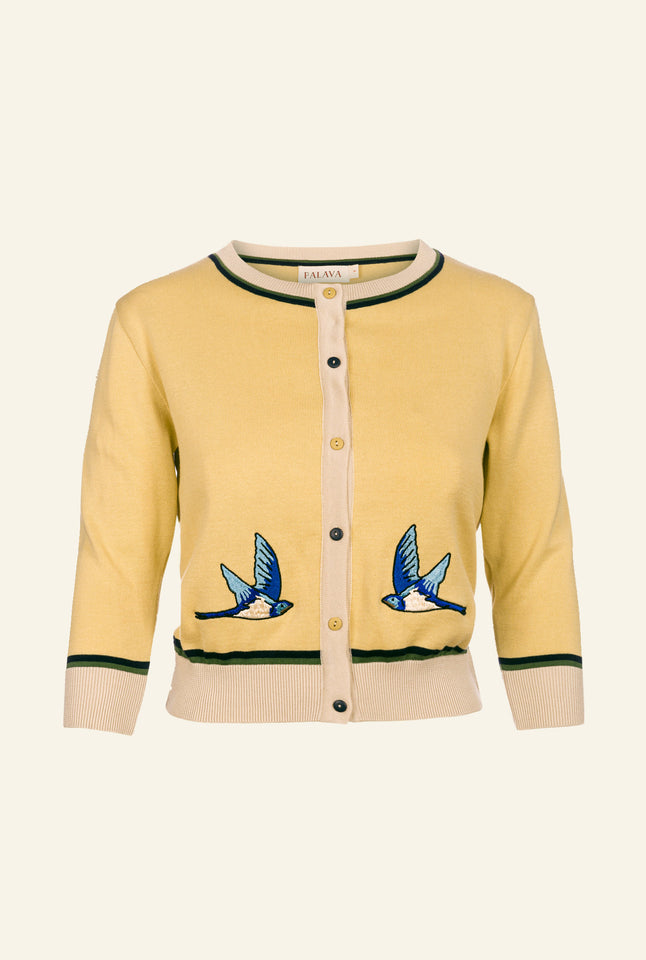 Vera - Lemon Swallows Embroidered Cardigan - 3/4 Sleeve