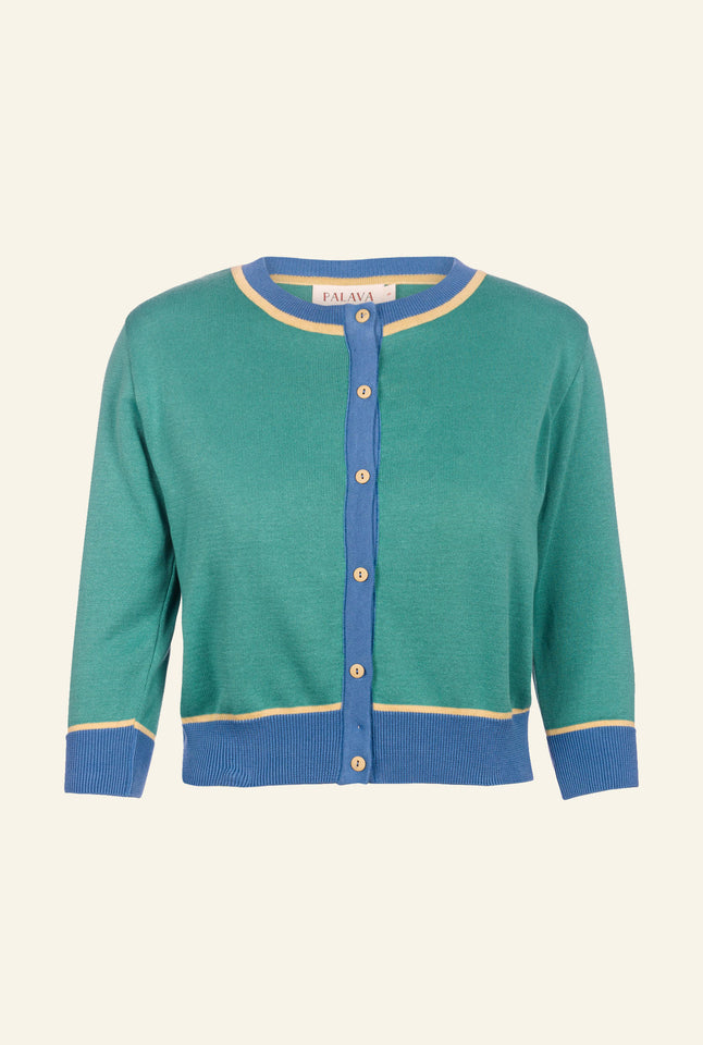 Vera - Marine Green Kingfisher Embroidered Cardigan
