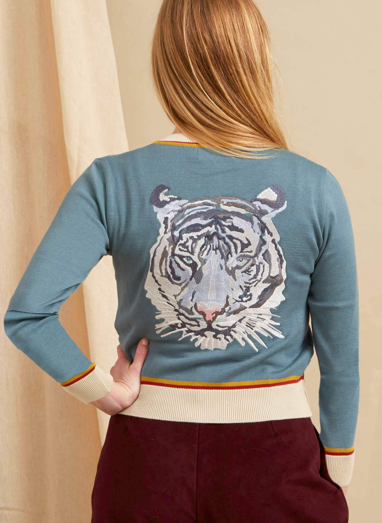 organic cotton mineral blue cardigan with embroidered arctic tiger