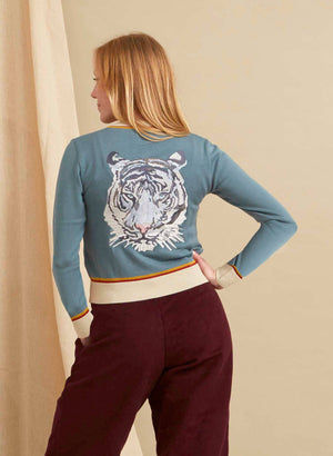 organic cotton mineral blue cardigan with embroidered arctic tiger