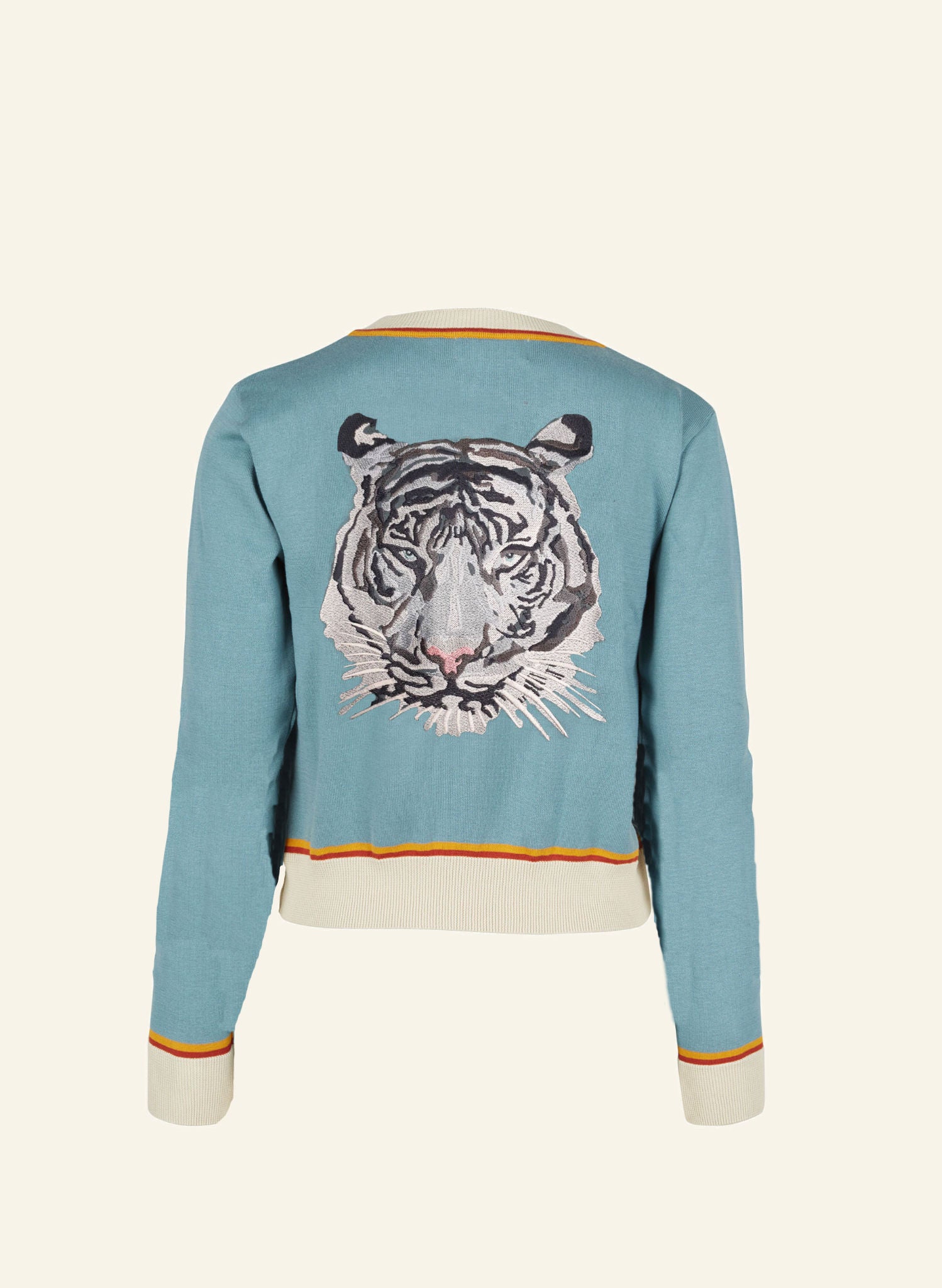 organic cotton mineral blue cardigan with embroidered arctic tiger