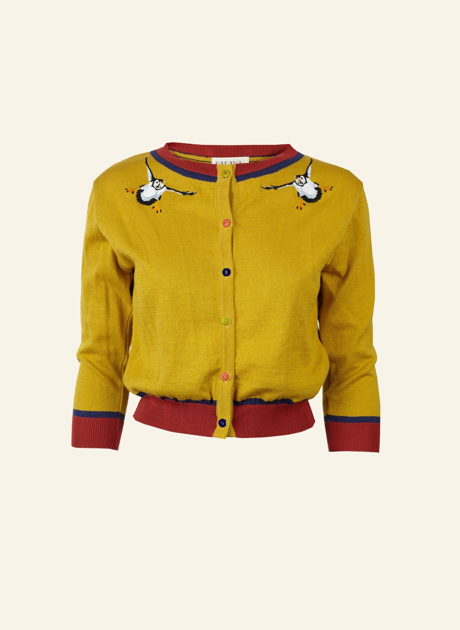 organic cotton knitted cardigan in mustard with red and navy trimmings and embroidered puffins