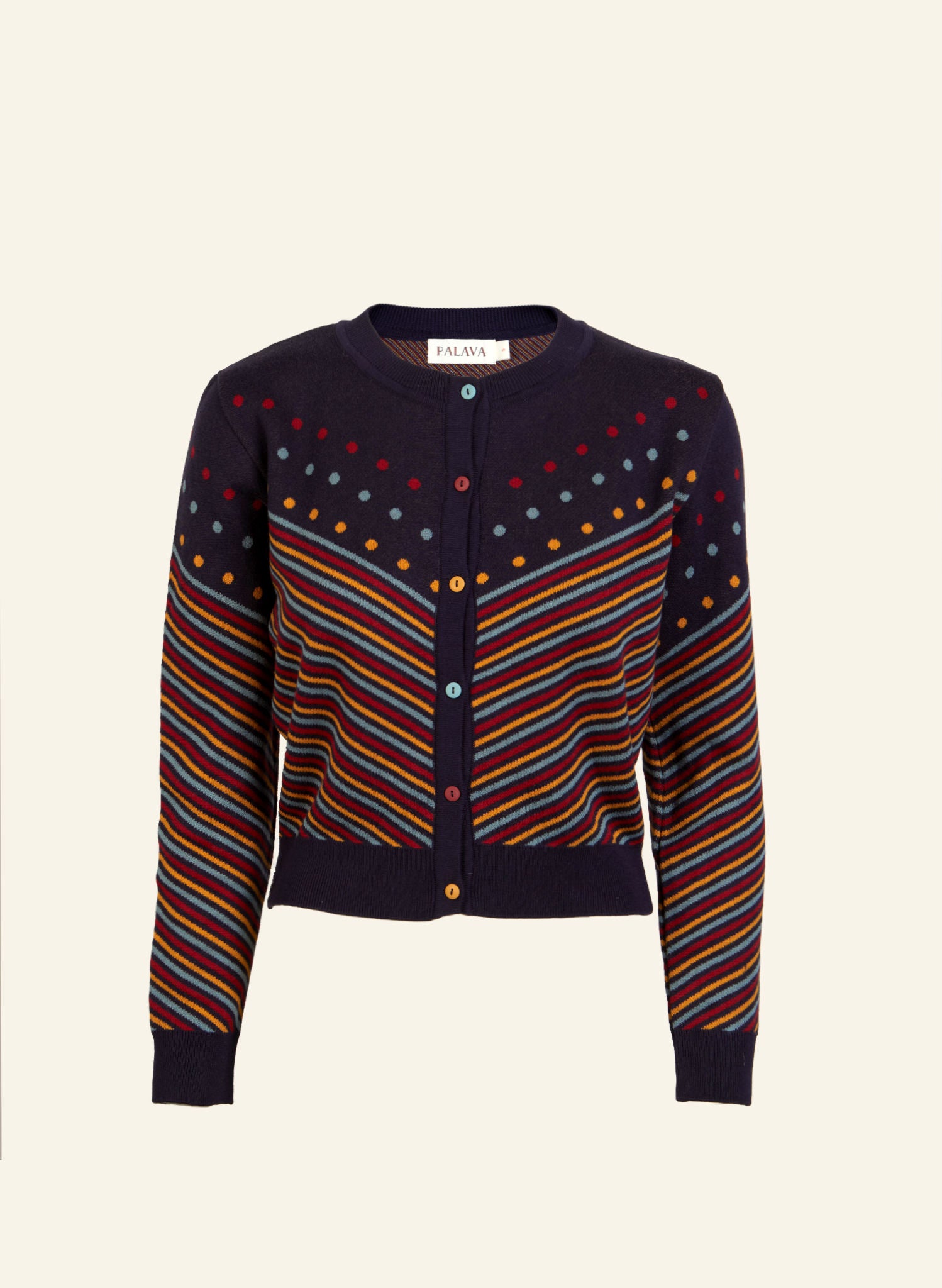 navy organic cotton jacquard knit cardigan with colourful stripes and dots