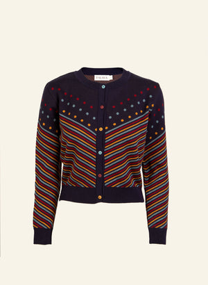 navy organic cotton jacquard knit cardigan with colourful stripes and dots