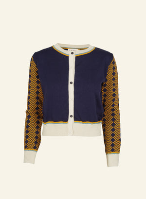 vintage style navy and mustard organic cotton jacquard knit cardigan with embroidered eagle in the back