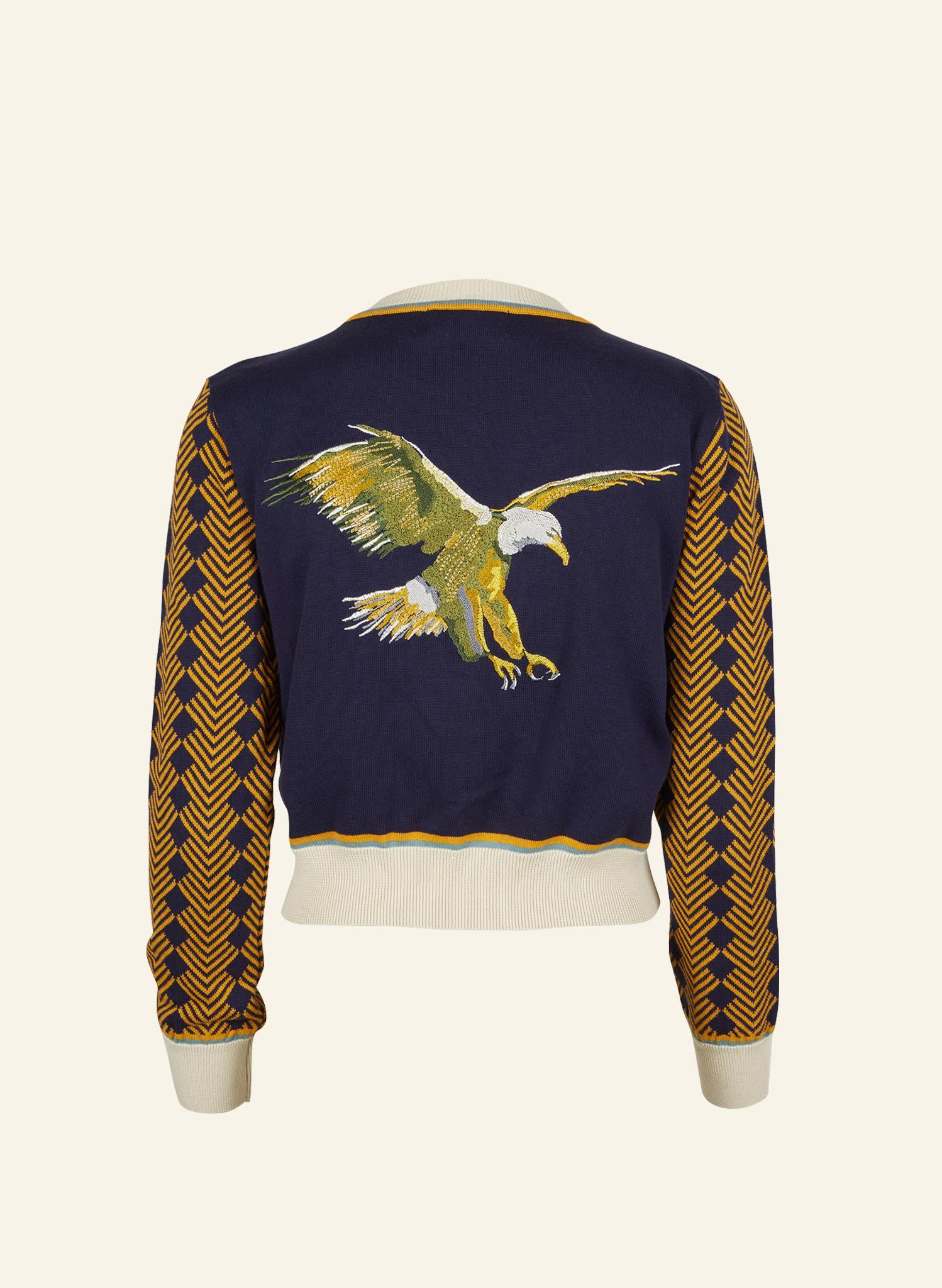 vintage style navy and mustard organic cotton jacquard knit cardigan with embroidered eagle in the back