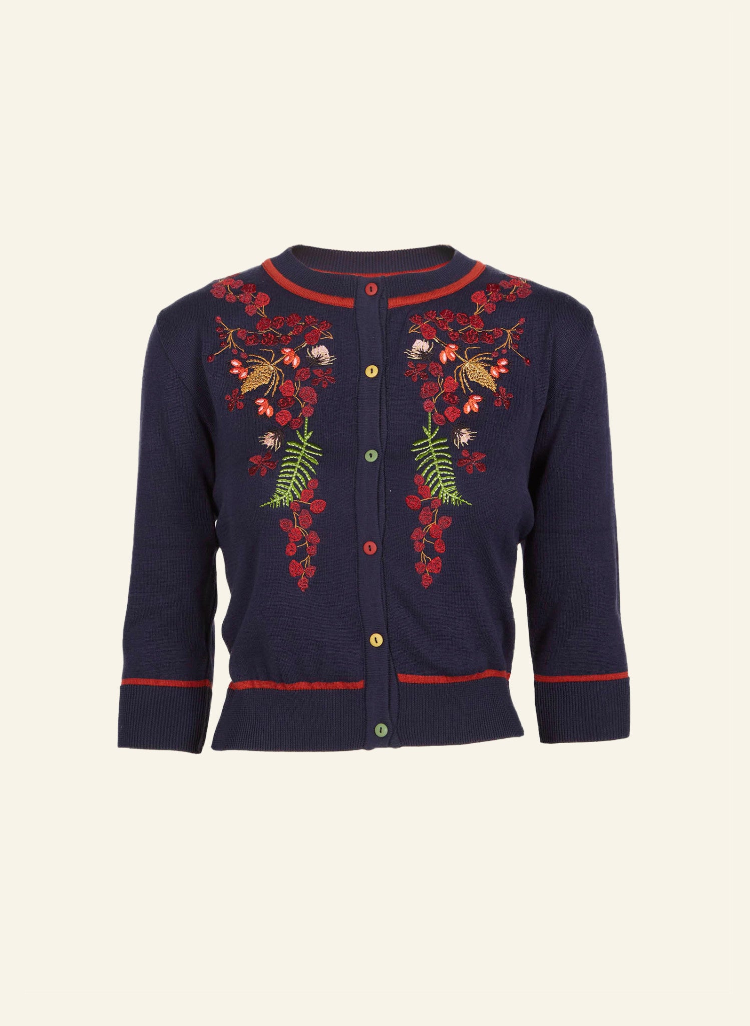 vintage style navy organic cotton knitted cardigan with red floral embroidery