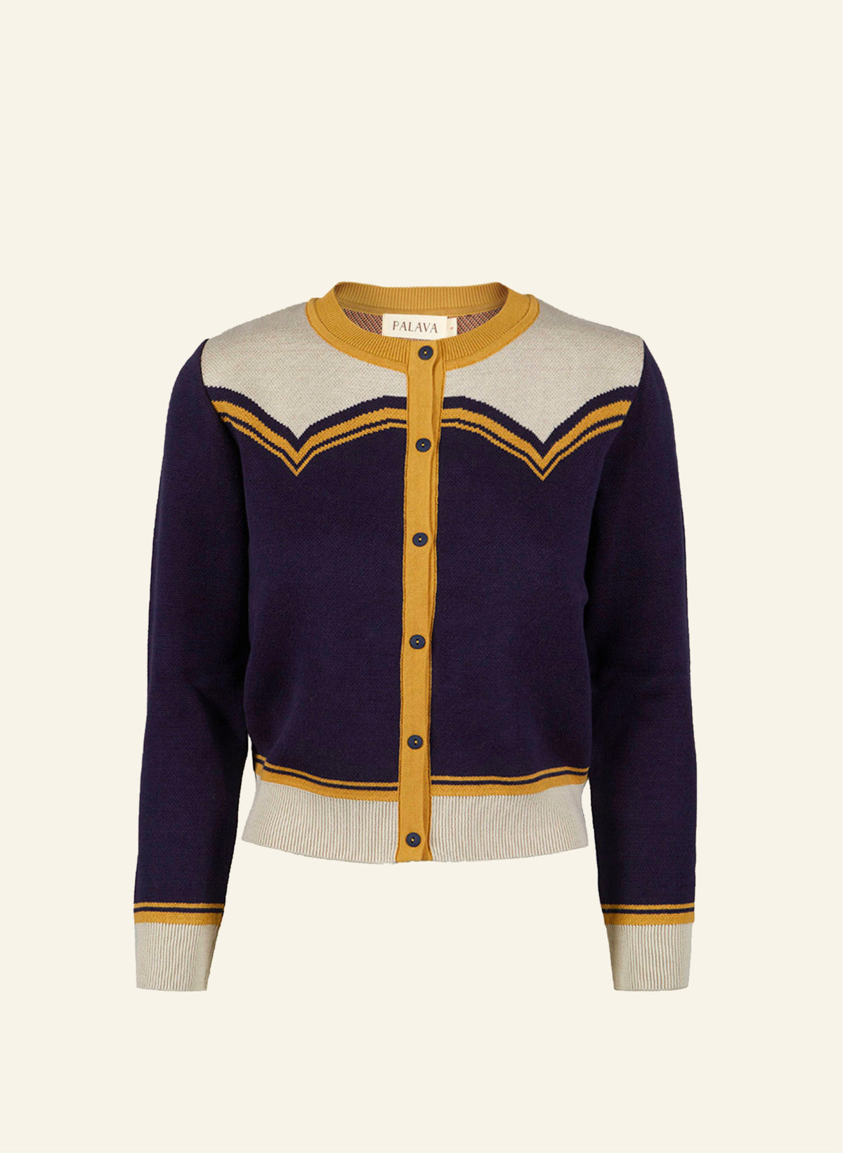 vintage style organic cotton knit cardigan in navy, white, and mustard with horse in the back