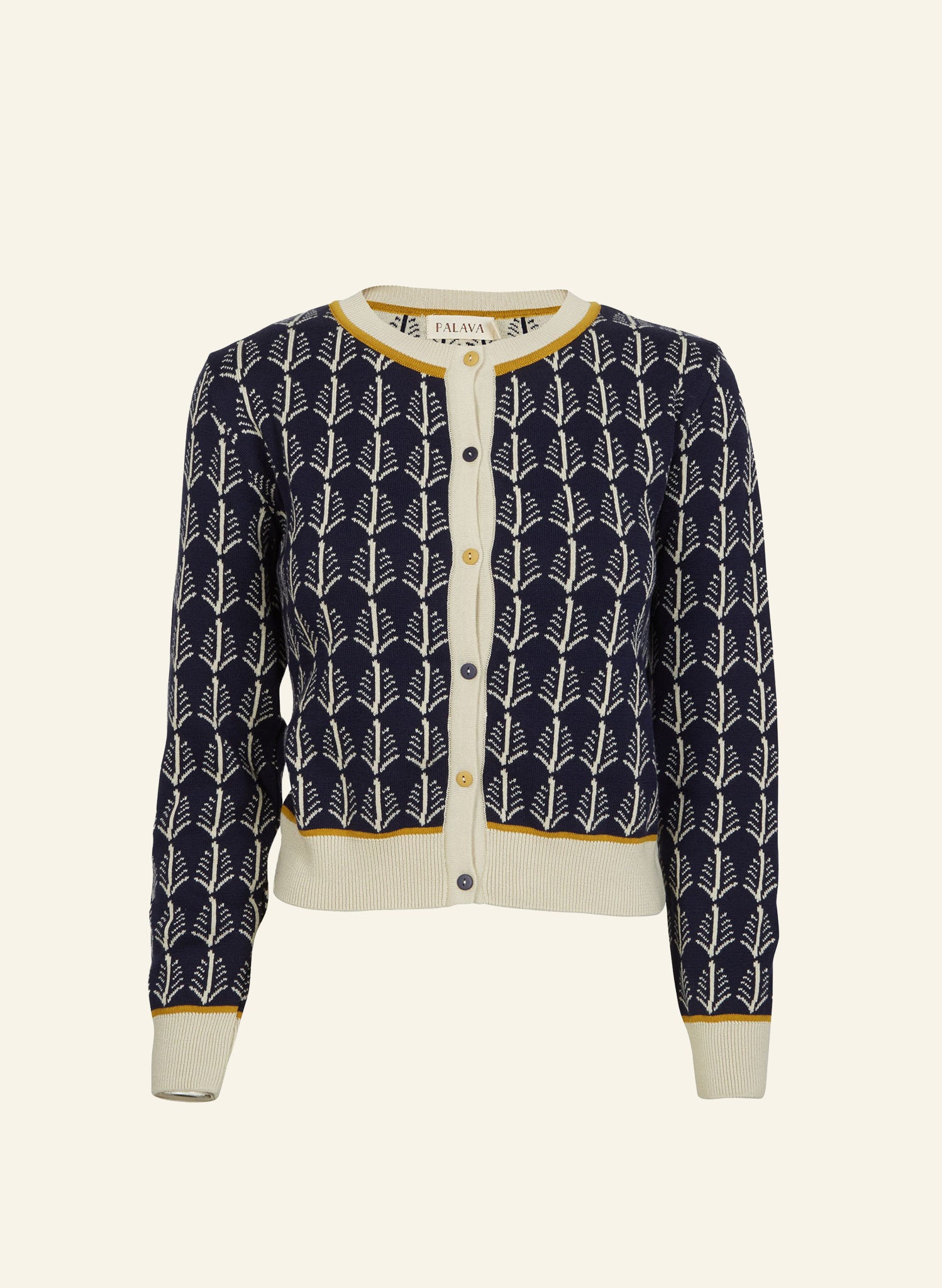 organic cotton navy and cream knitted cardigan with feathers print vintage style