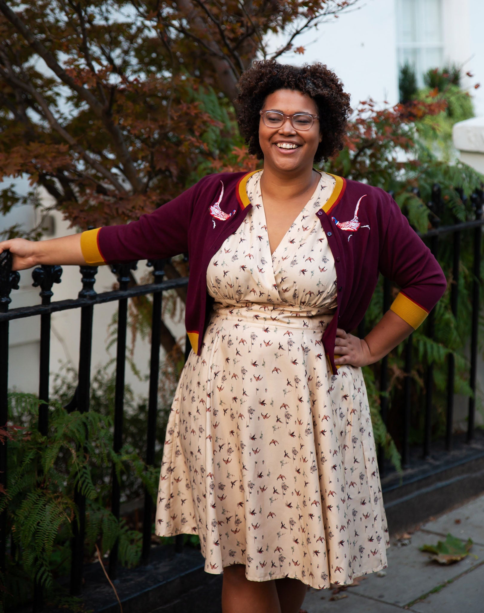 vintage style organic cotton knit cardigan in plum with mustard trimmings and embroidered pheasants