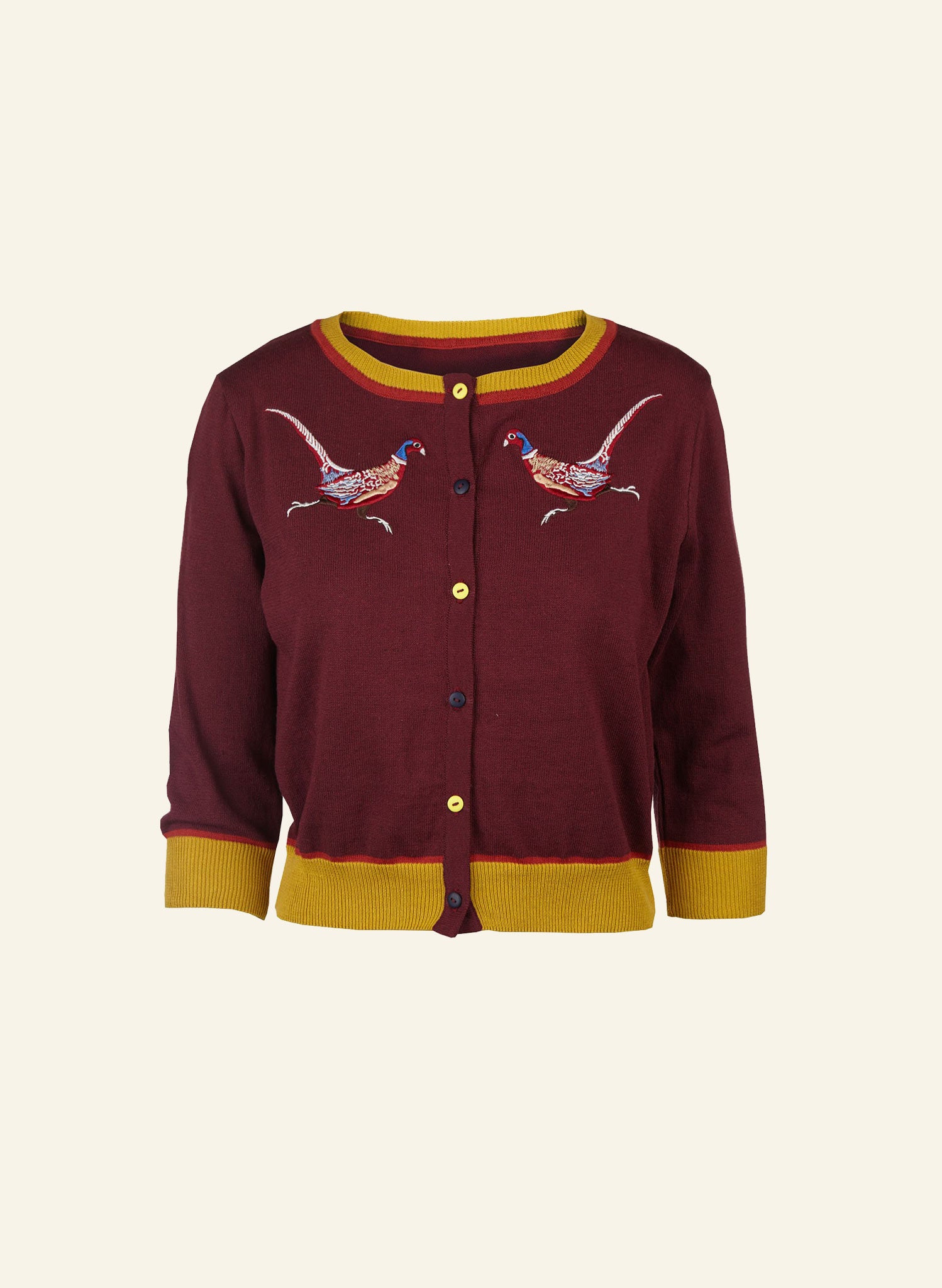 vintage style organic cotton knit cardigan in plum with mustard trimmings and embroidered pheasants